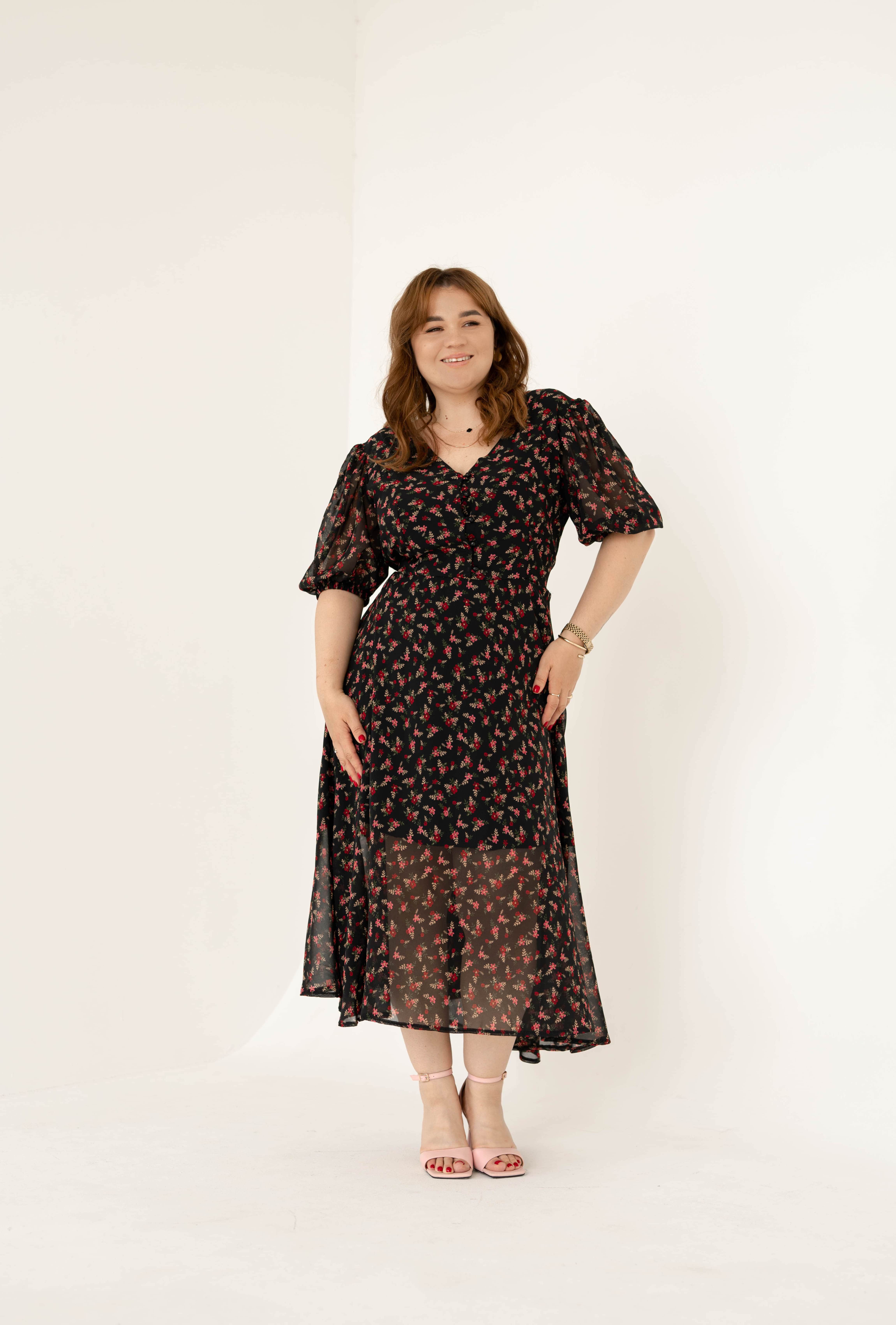 Черное платье  шифон миди в цветок  —  252569. Maritel