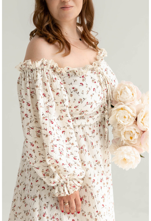 Молочное платье с открытыми плечами муслин — 290467. Maritel. Изображенние 1 Молочное платье с открытыми плечами муслин — 290467. Maritel. Изображенние 1