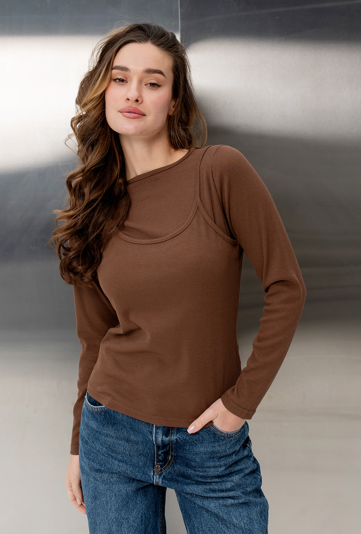 Шоколадний лонгслів-майка в рубчик —  224838. Maritel