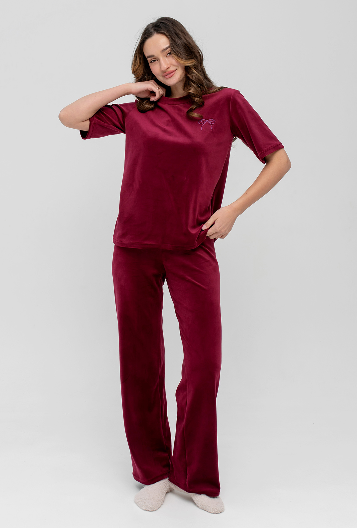 Бордовая пижама бант со штанами — 454782. Maritel Бордовая пижама бант со штанами — 454782. Maritel