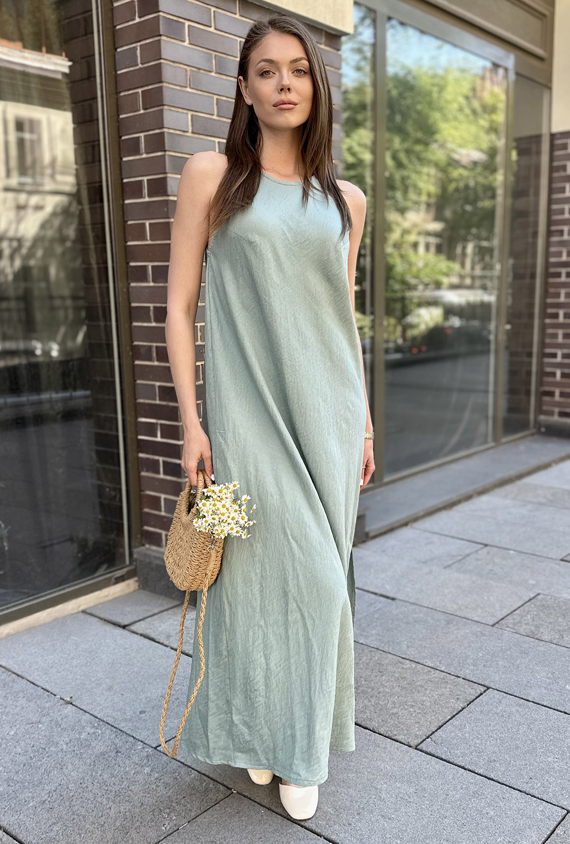 Оливковый сарафан лен жатка — 792413. Maritel Оливковый сарафан лен жатка — 792413. Maritel