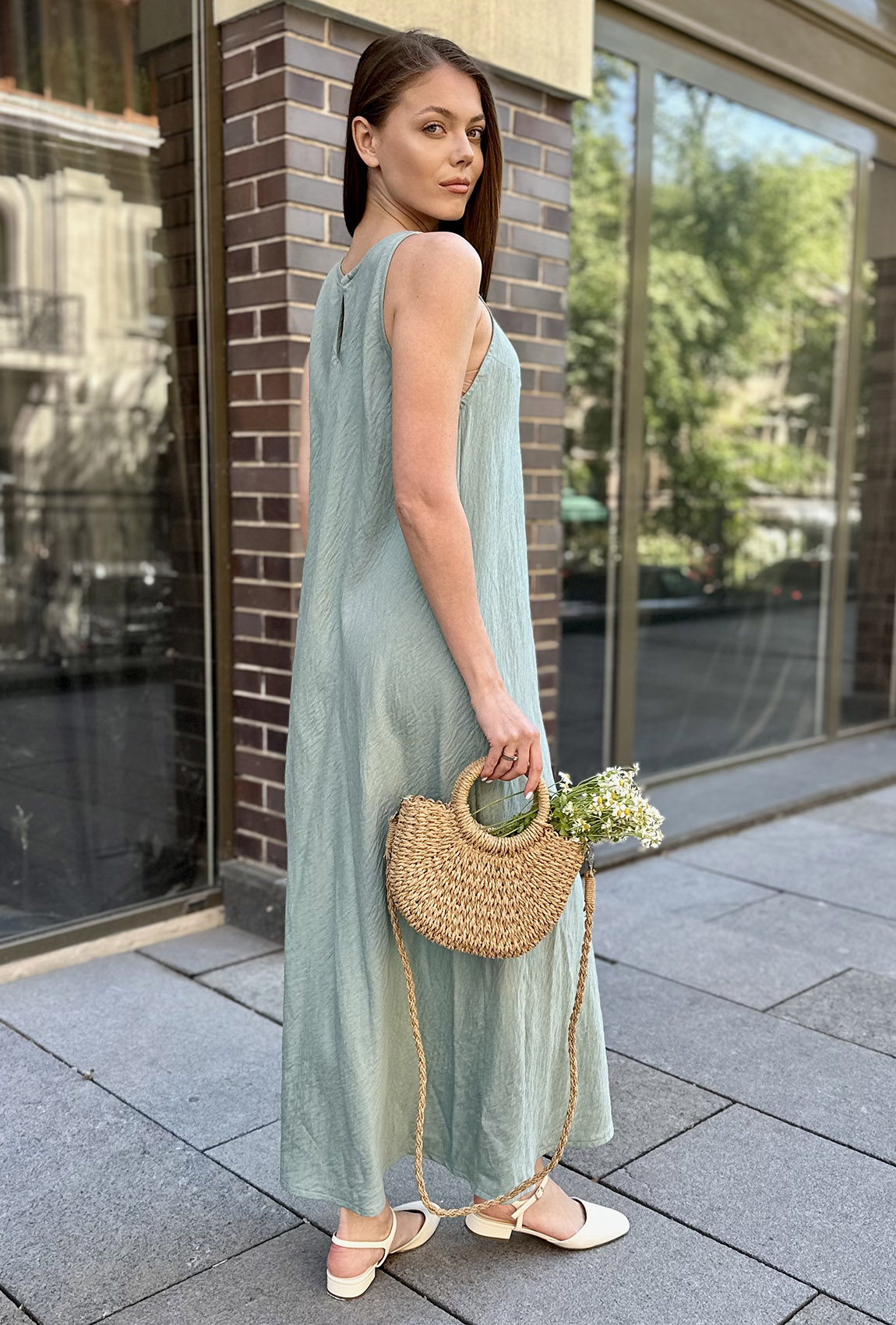 Оливковый сарафан лен жатка — 792413. Maritel. Изображенние 1 Оливковый сарафан лен жатка — 792413. Maritel. Изображенние 1