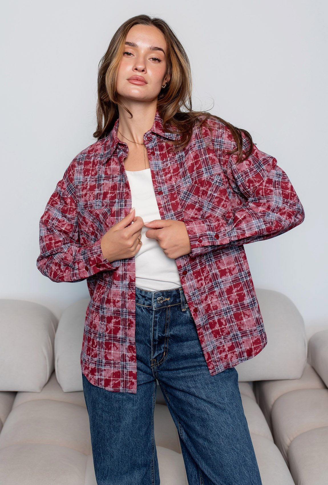 Рубашка в клетку бордо — 249110. Maritel Рубашка в клетку бордо — 249110. Maritel
