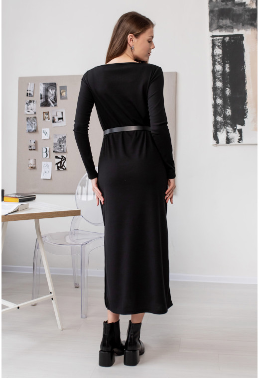 Черное платье в рубчик с длинным рукавом — 395600. Maritel. Изображенние 2 Черное платье в рубчик с длинным рукавом — 395600. Maritel. Изображенние 2