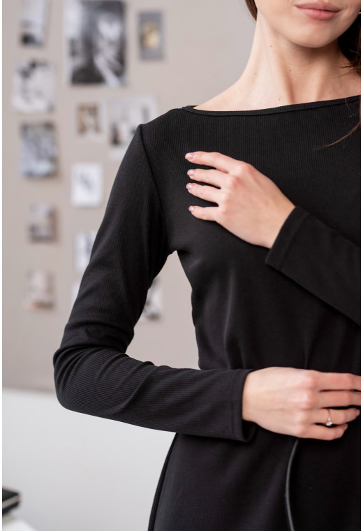 Черное платье в рубчик с длинным рукавом — 395600. Maritel. Изображенние 3 Черное платье в рубчик с длинным рукавом — 395600. Maritel. Изображенние 3