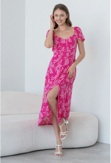 Малиновое в цветок платье миди с разрезом. Maritel. Изображенние 8