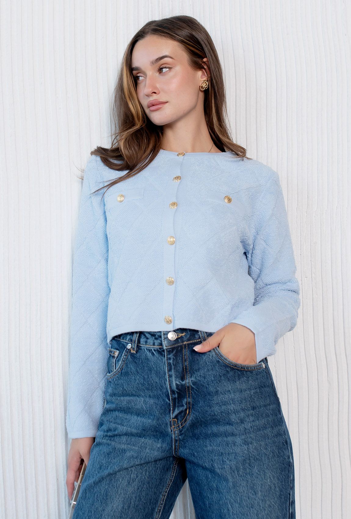 Голубая вязаная кофта с пуговицами —  299751. Maritel