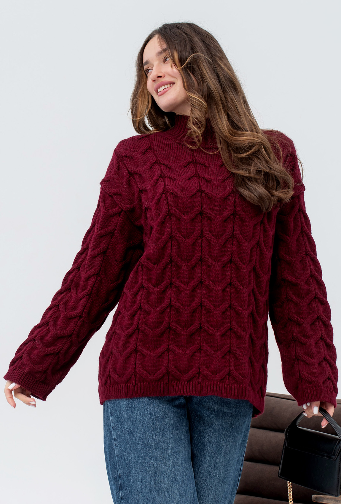 Бордовий в'язаний светр коса —  114159. Maritel