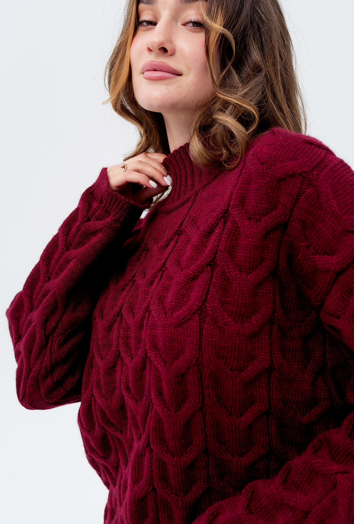 Бордовий в'язаний светр коса —  114159. Maritel. Зображення 3