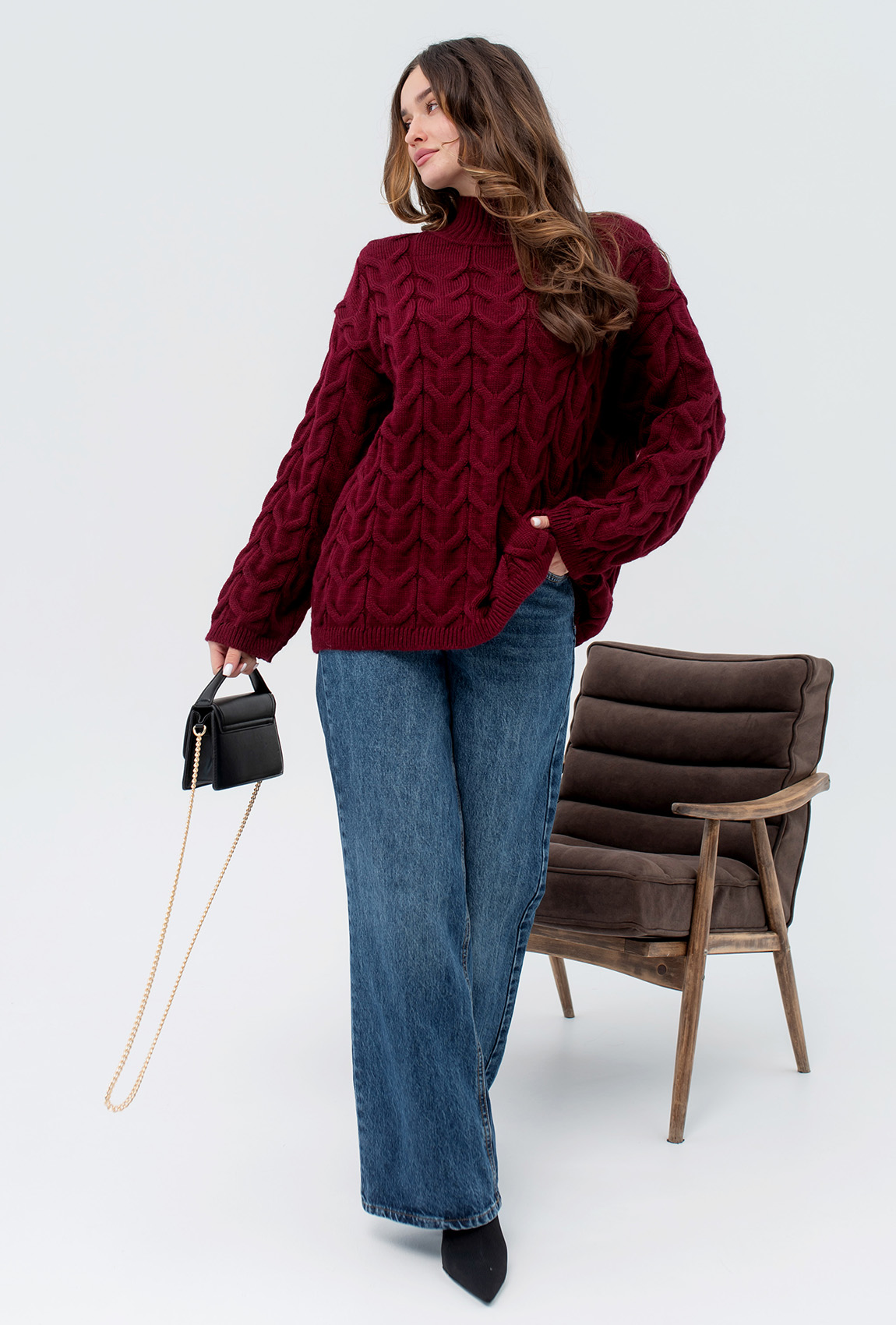 Бордовий в'язаний светр коса —  114159. Maritel. Зображення 4