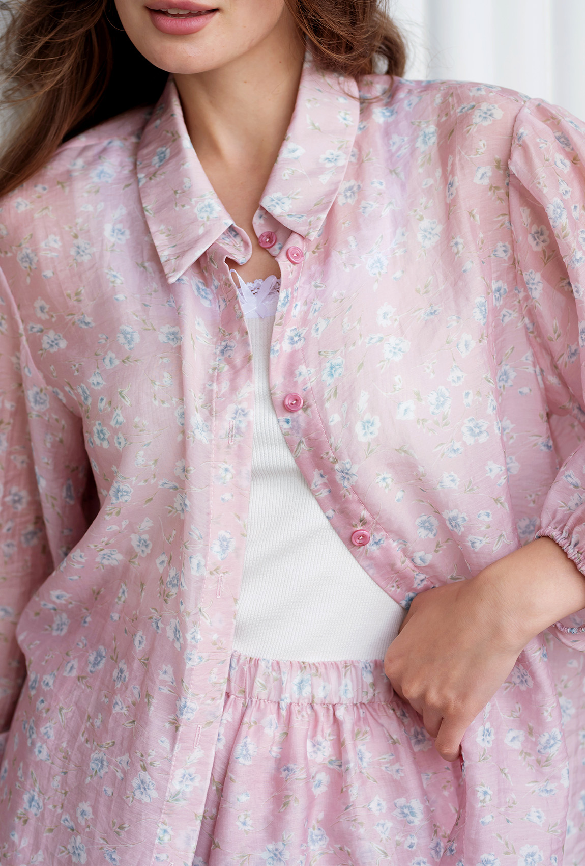 Розовый костюм из тенсела в цветочек —  586367. Maritel. Изображенние 5