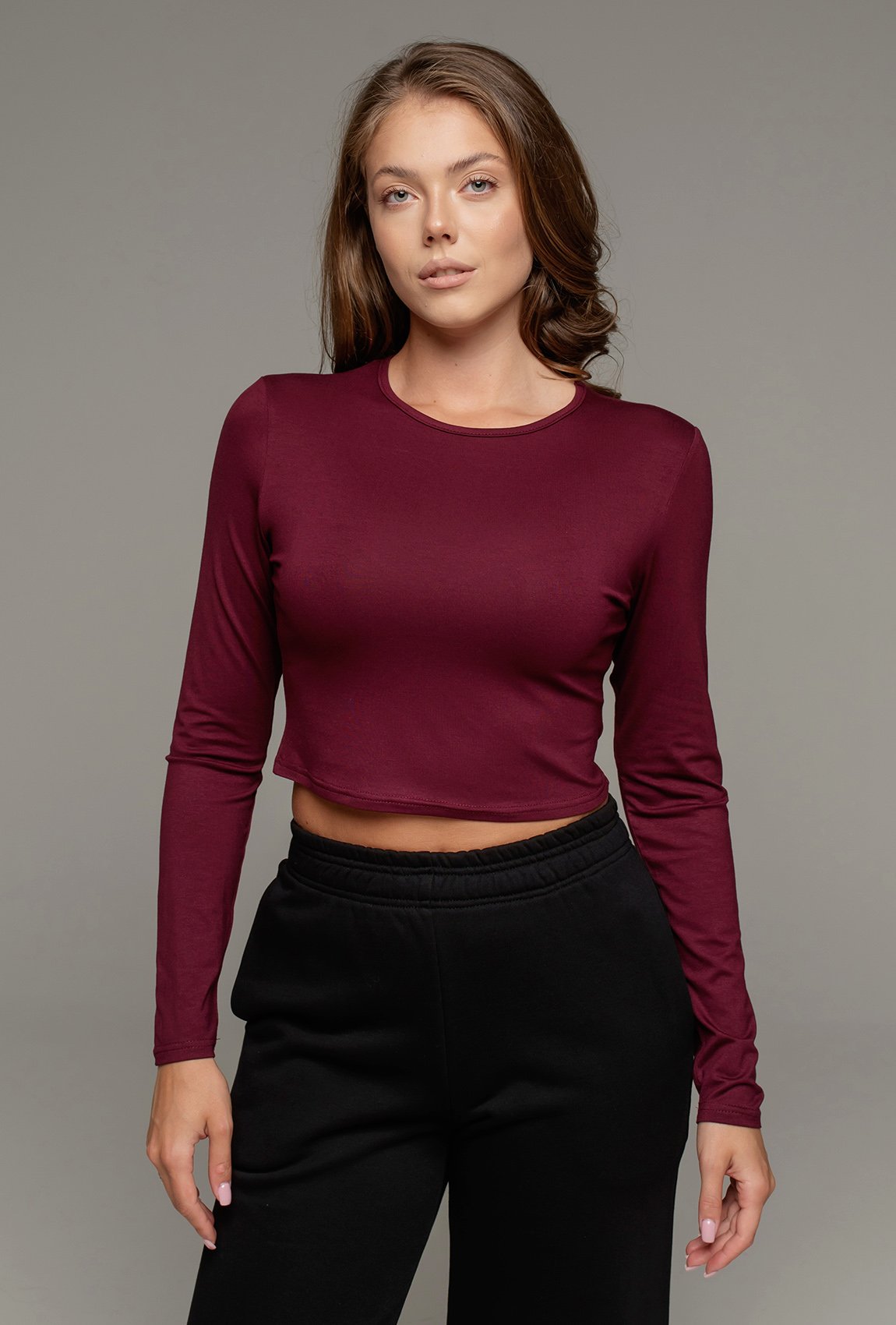 Вишнений вкорочений віскозний лонгслів —  907866. Maritel