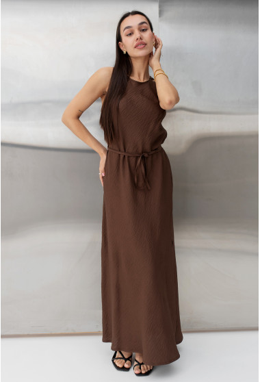 Шоколадный льняной сарафан с поясом. Maritel. Изображенние 3
