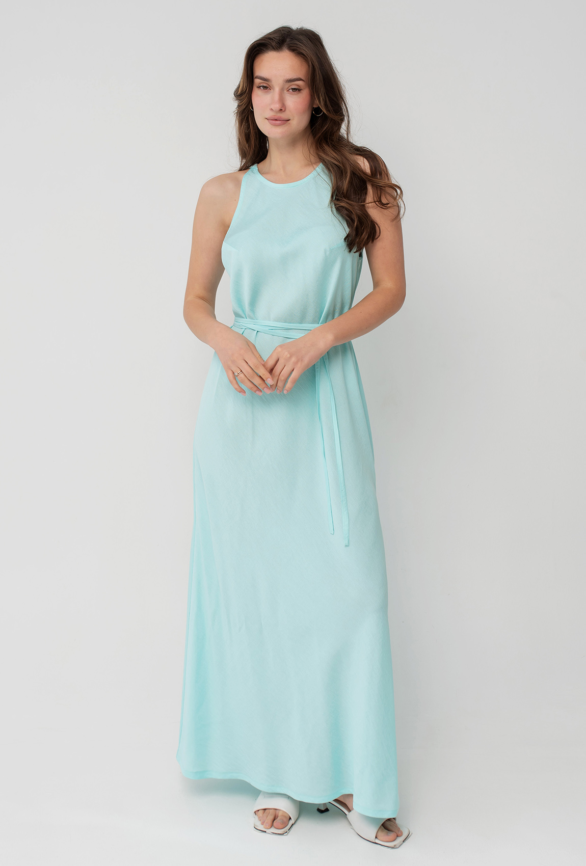 Льняной сарафан с поясом цвет тиффани —  380834. Maritel