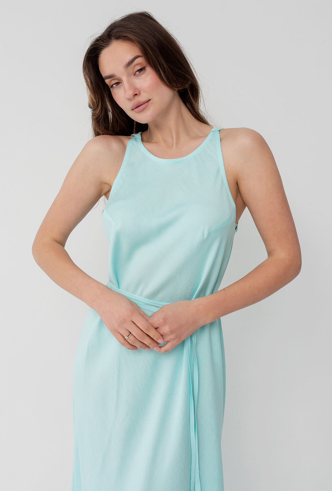 Льняной сарафан с поясом цвет тиффани —  380834. Maritel. Изображенние 3