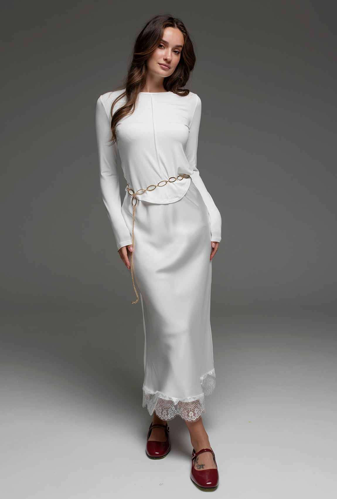 Молочная атласная юбка с кружевом —  337622. Maritel