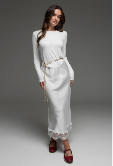 Молочна атласна спідниця з мереживом. Maritel. Зображення 2