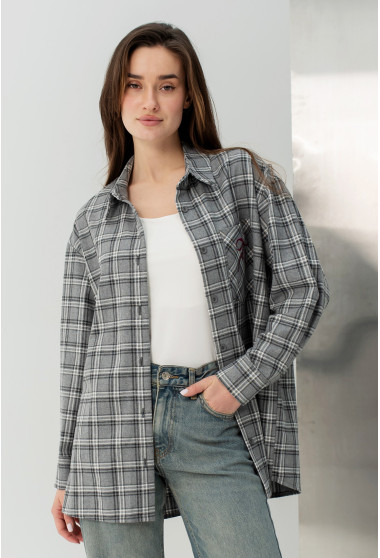 Серая рубашка в клетку с бантом. Maritel. Изображенние 12