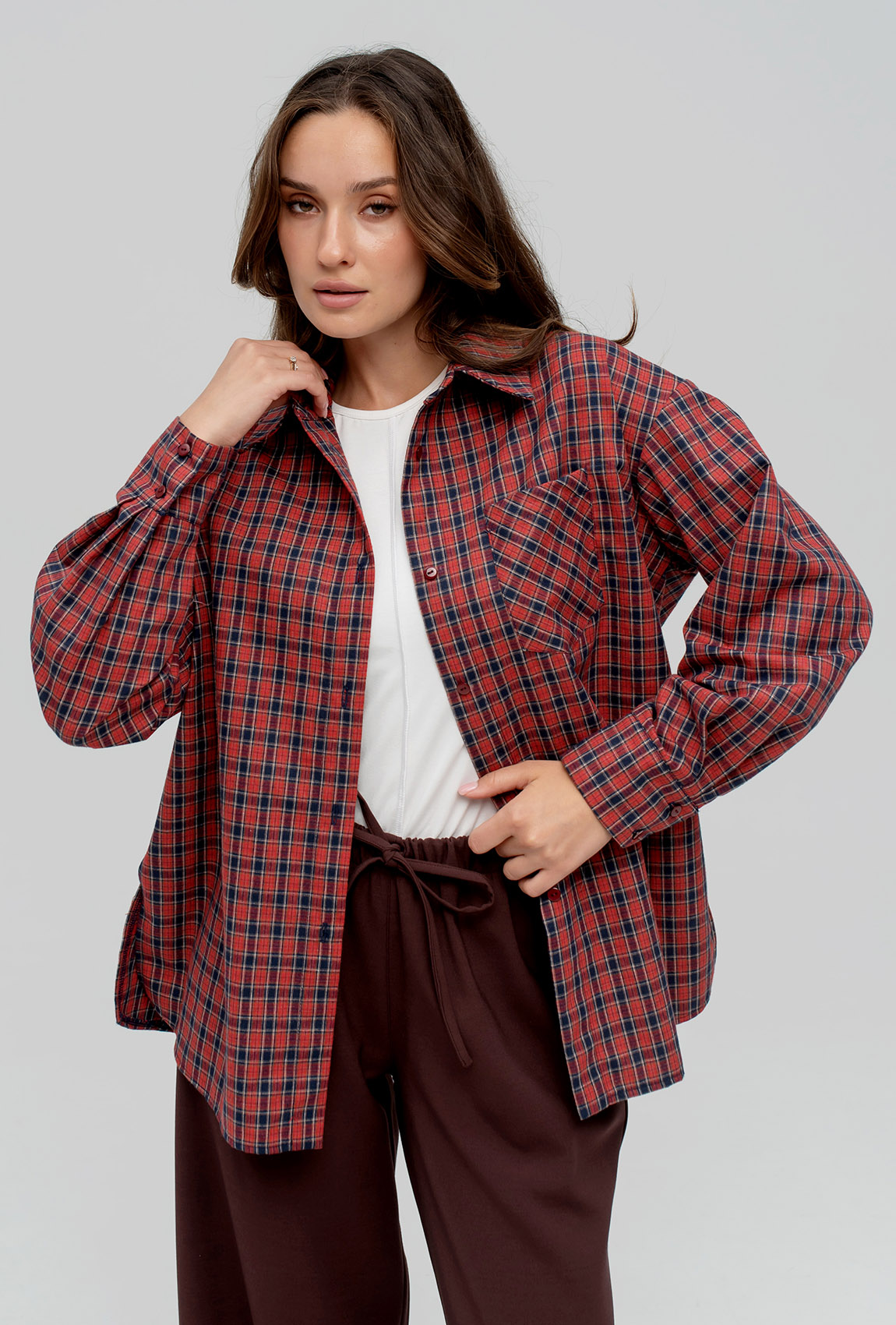 Вишневая рубашка в клетку с разрезами —  243209. Maritel