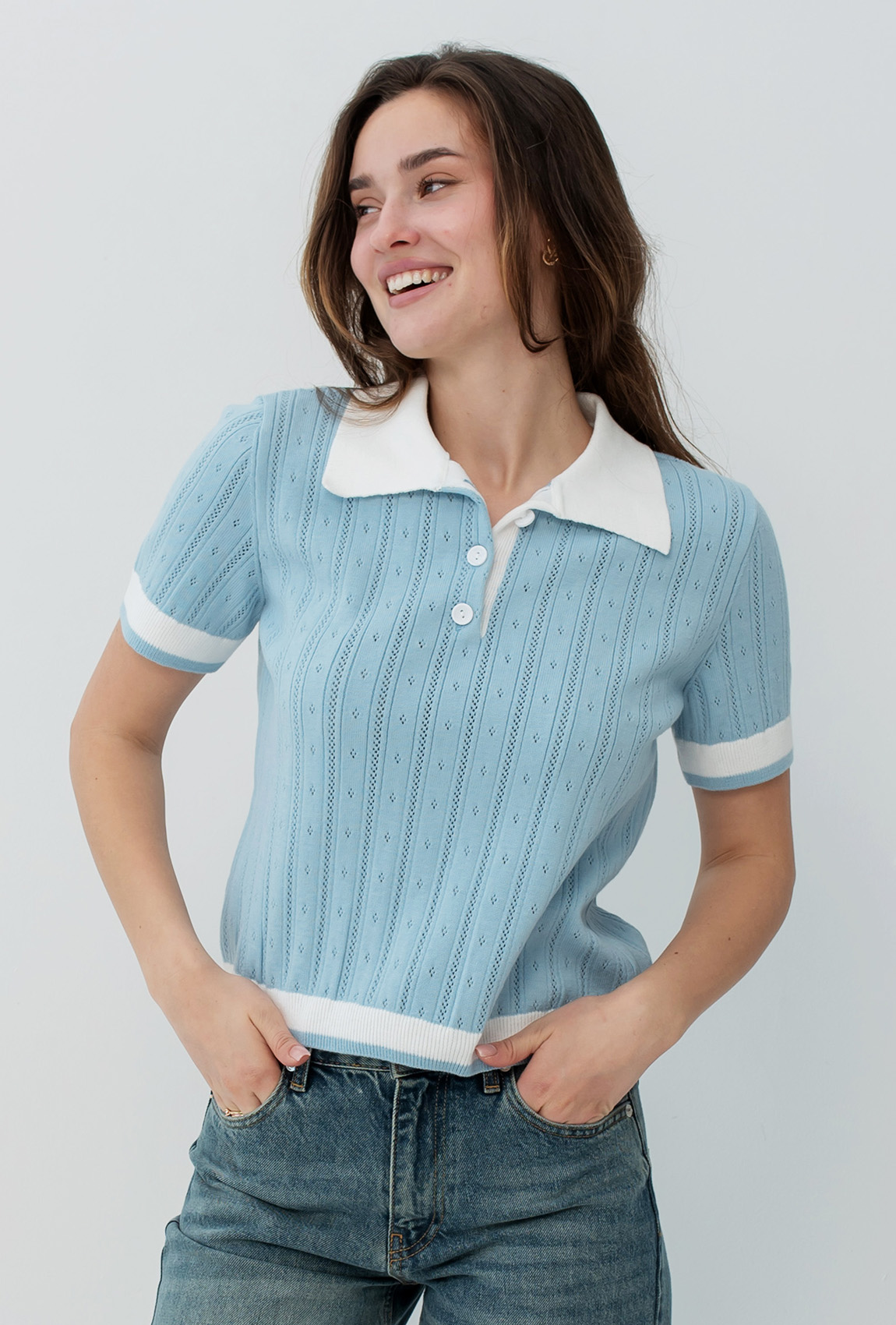 Голубая вязаная кофта поло — 462431. Maritel Голубая вязаная кофта поло — 462431. Maritel