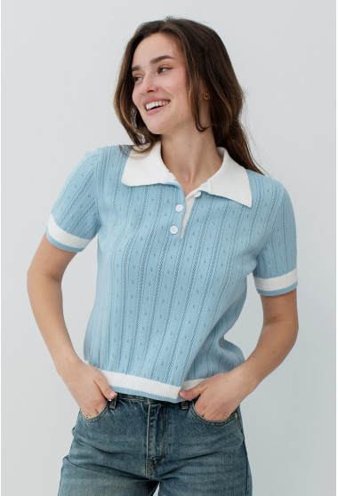 Голубая вязаная кофта поло. Maritel. Изображенние 10