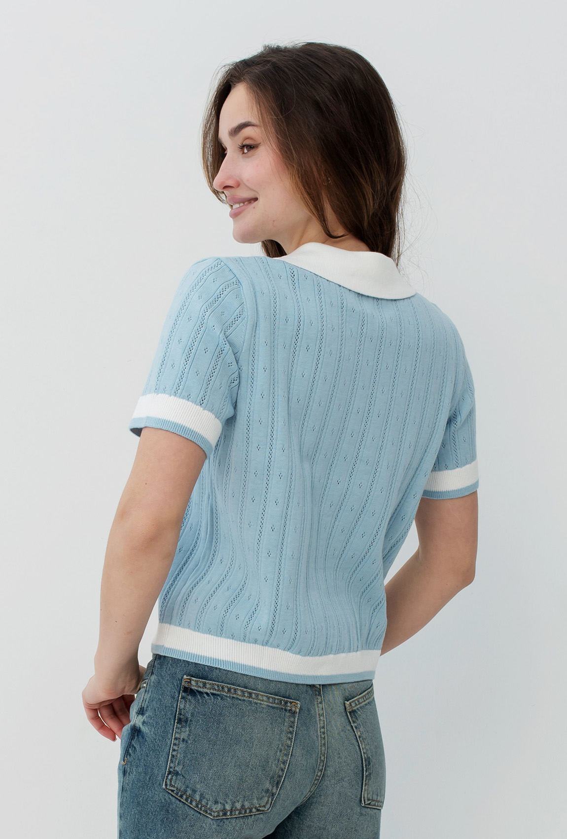 Голубая вязаная кофта поло — 462431. Maritel. Изображенние 2 Голубая вязаная кофта поло — 462431. Maritel. Изображенние 2