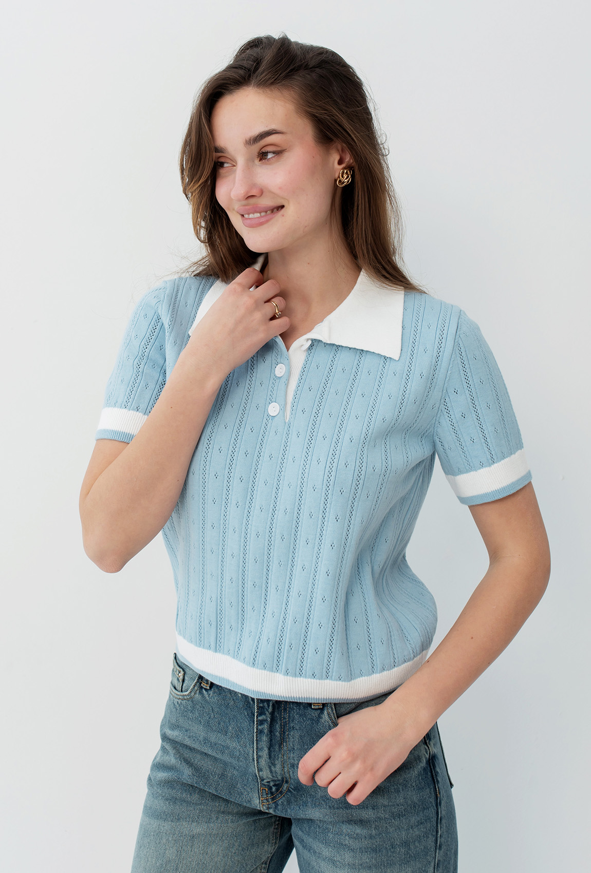 Голубая вязаная кофта поло — 462431. Maritel. Изображенние 3 Голубая вязаная кофта поло — 462431. Maritel. Изображенние 3