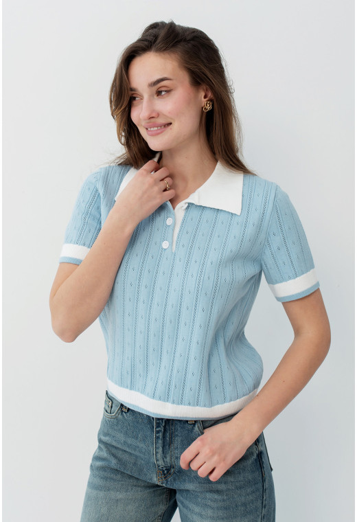 Голубая вязаная кофта поло — 462431. Maritel. Изображенние 3 Голубая вязаная кофта поло — 462431. Maritel. Изображенние 3