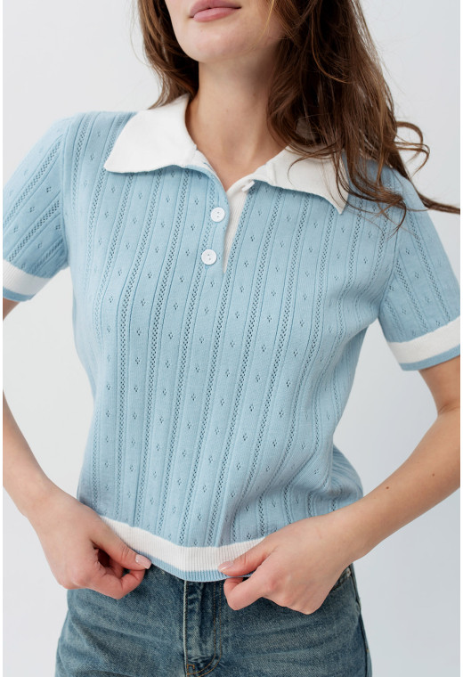 Голубая вязаная кофта поло — 462431. Maritel. Изображенние 4 Голубая вязаная кофта поло — 462431. Maritel. Изображенние 4