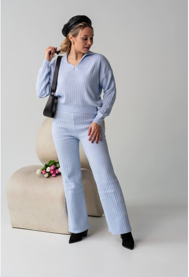 В'язаний блакитний костюм поло в рубчик. Maritel. Зображення 9