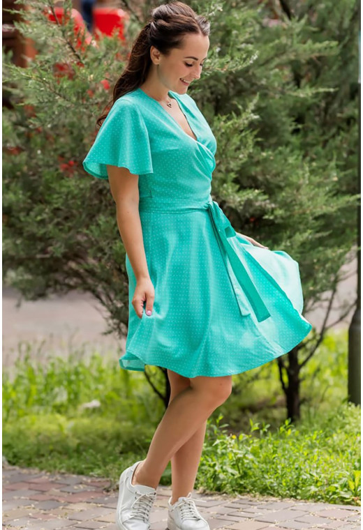 Платье на запах мятное в мелкий горошек — 845114. Maritel. Изображенние 1 Платье на запах мятное в мелкий горошек — 845114. Maritel. Изображенние 1