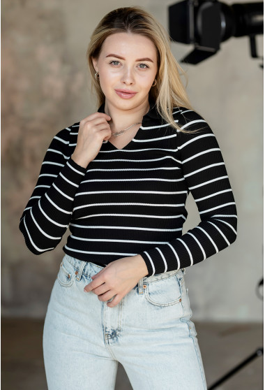 Чорний светр поло на резинці в білу смужку. Maritel. Зображення 8