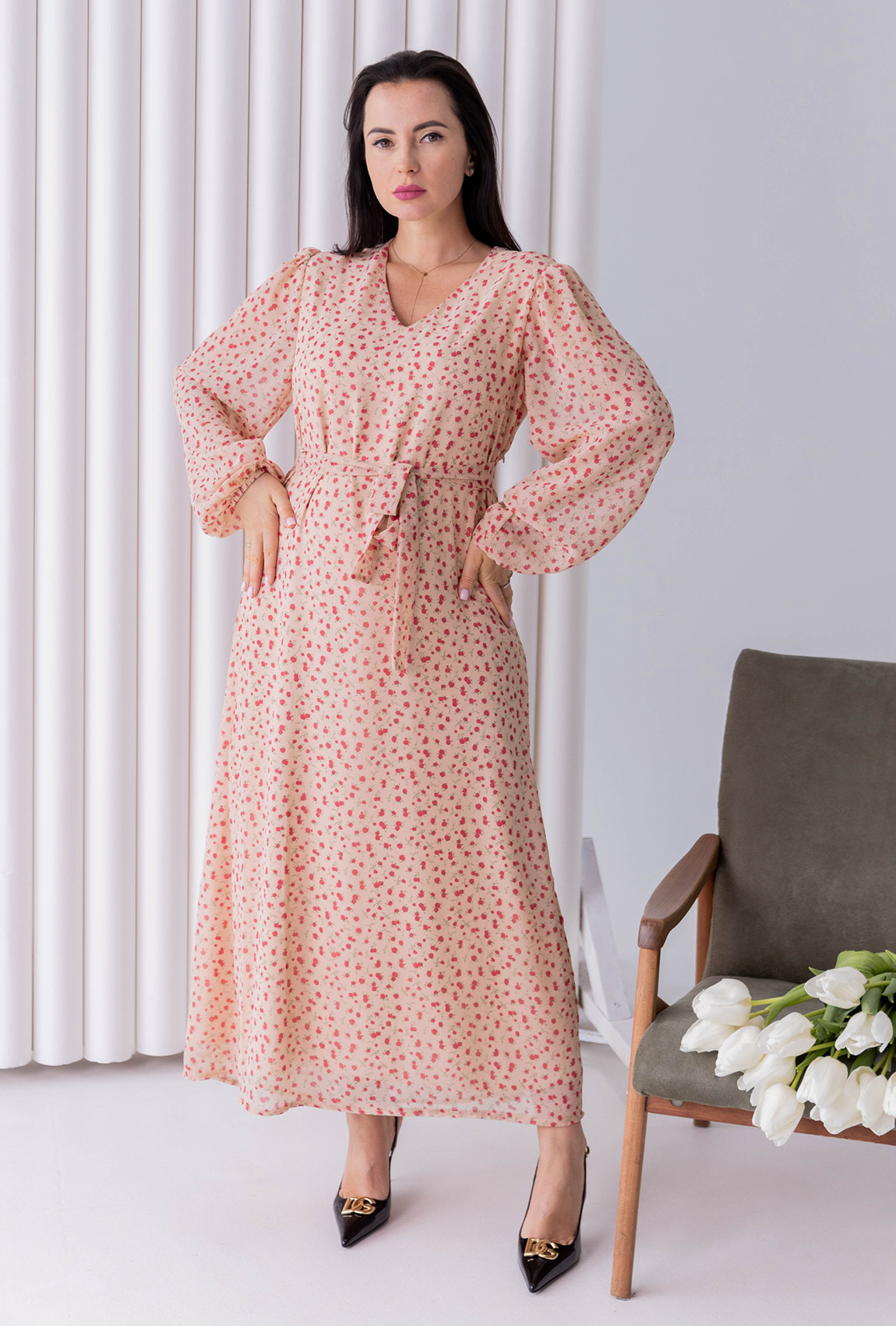 Бежевое длинное шифоновое платье —  290728. Maritel