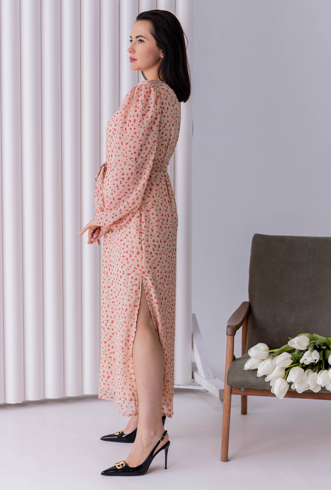 Бежевое длинное шифоновое платье —  290728. Maritel. Изображенние 1