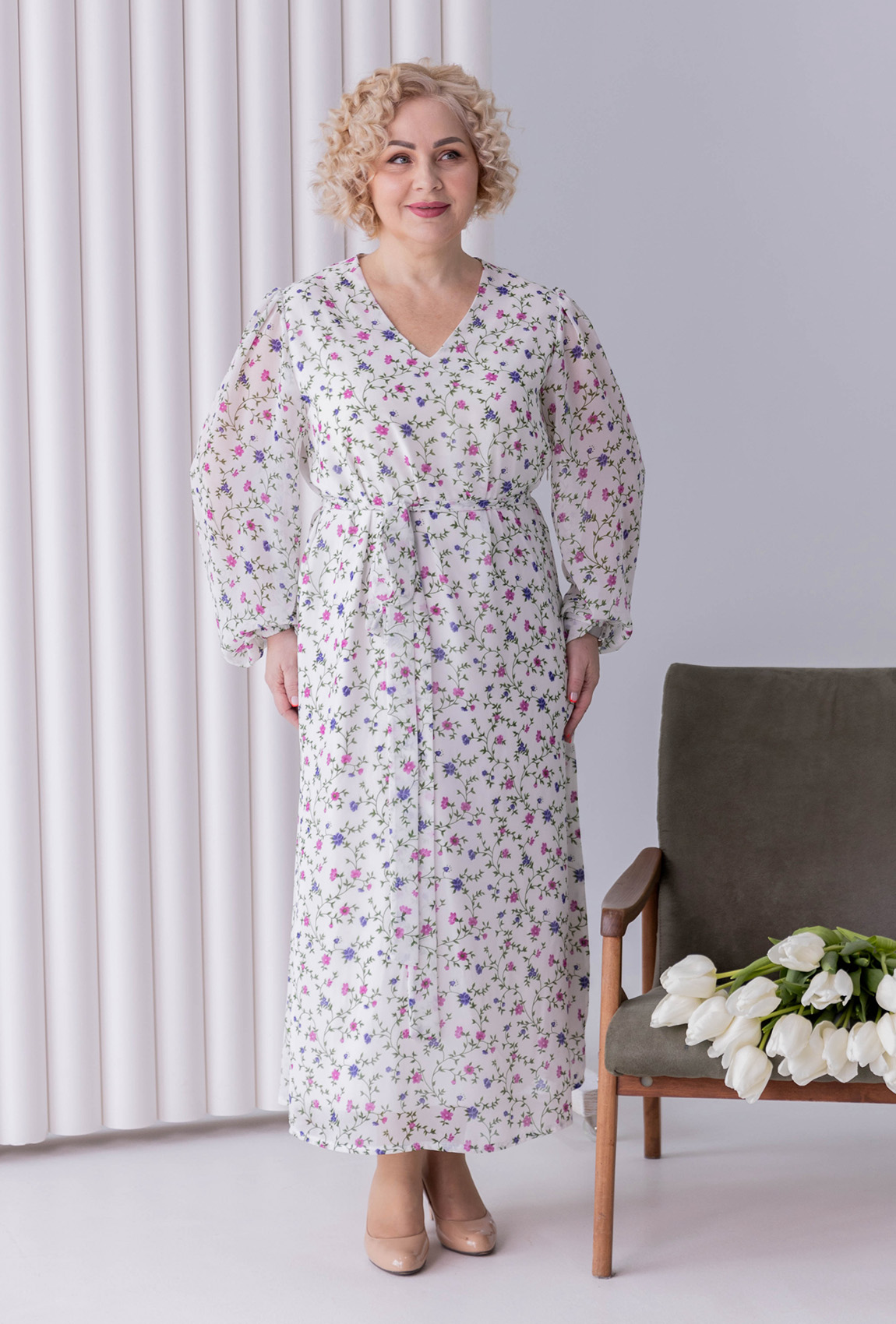 Белое длинное шифоновое платье  —  957577. Maritel