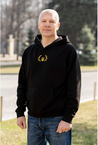 Черное патриотическое худи мужское с гербом и колосом. Maritel. Изображенние 10