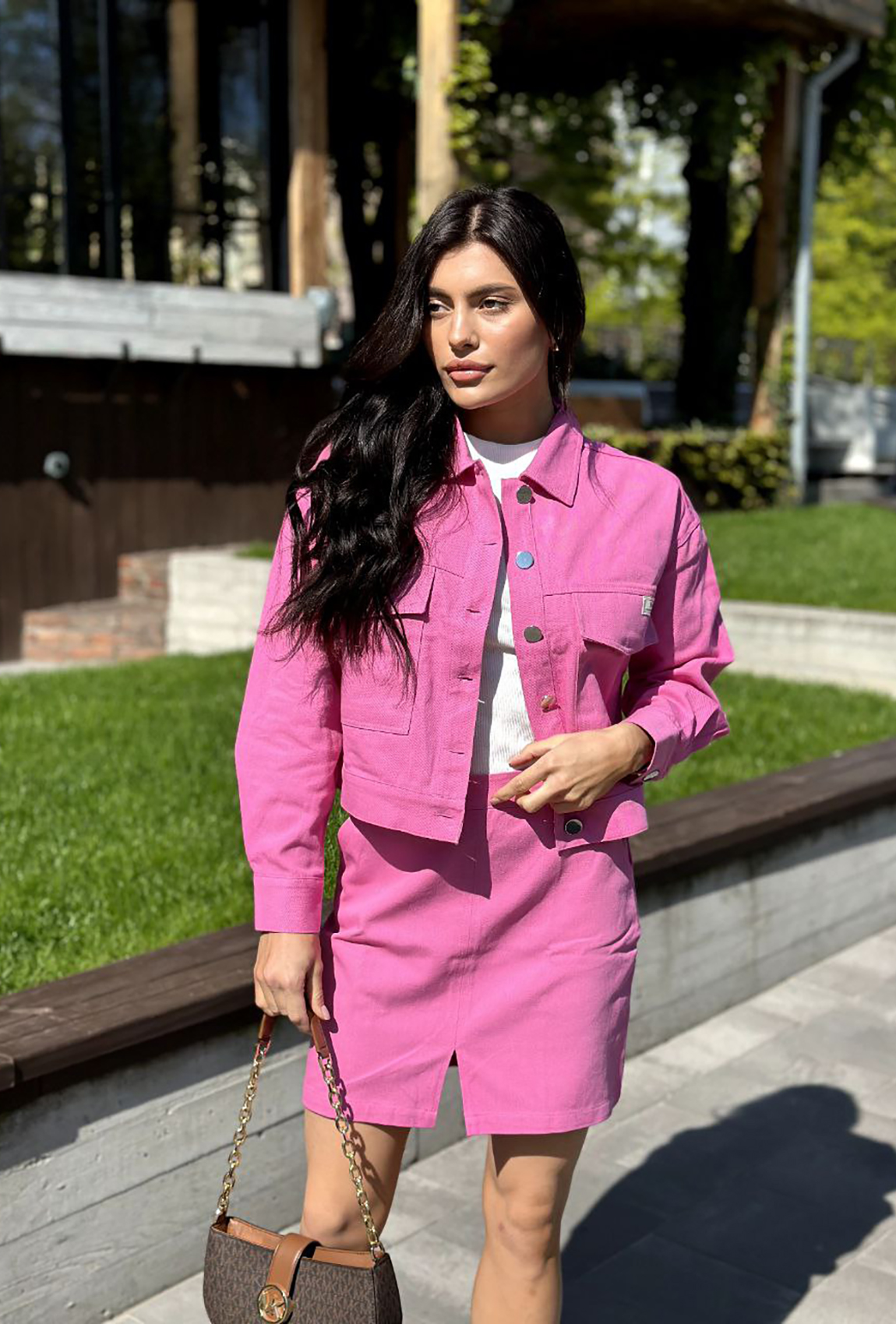 Рожевий бавовняний костюм з піджаком та спідницею —  374856. Maritel. Зображення 1