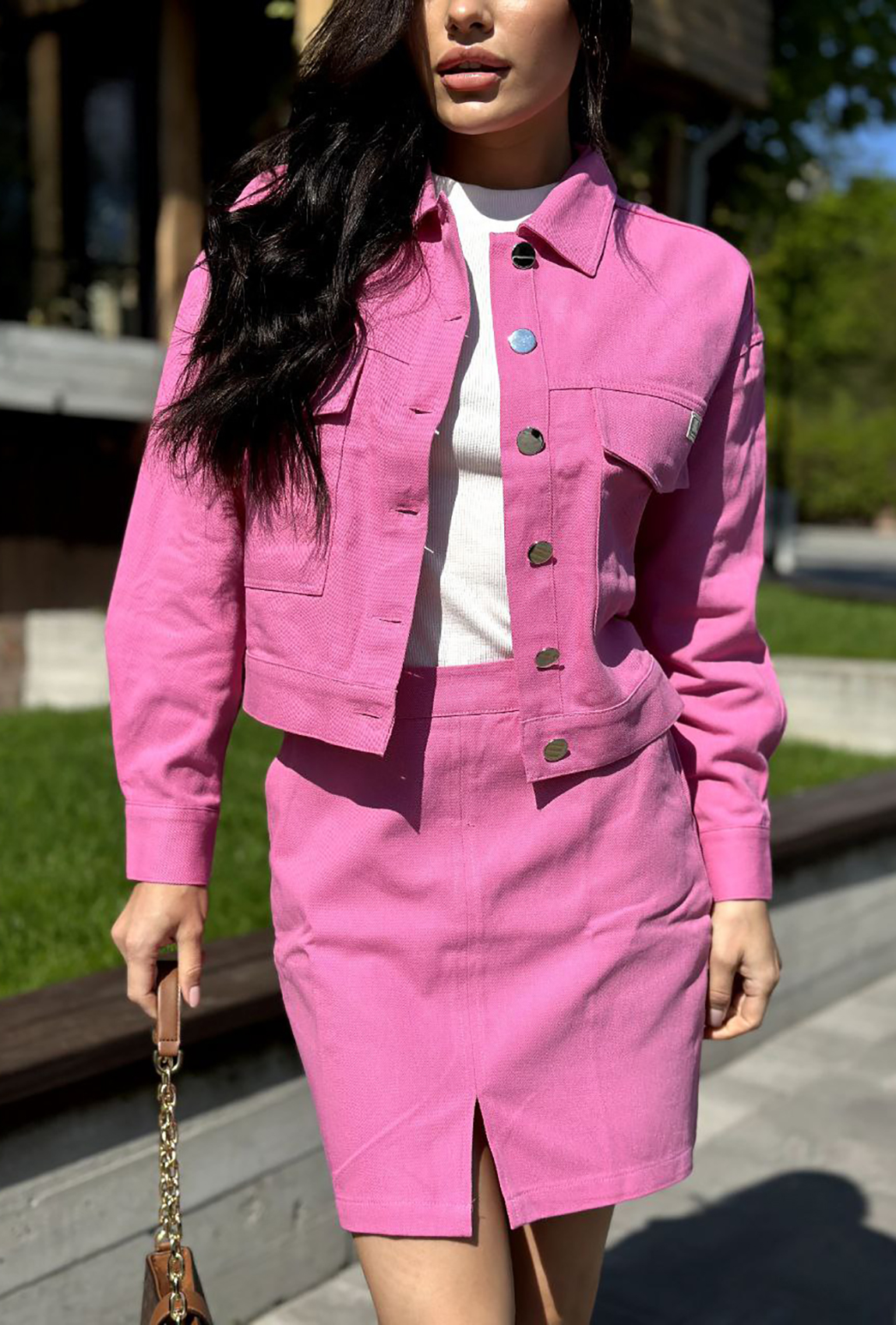 Рожевий бавовняний костюм з піджаком та спідницею —  374856. Maritel. Зображення 3