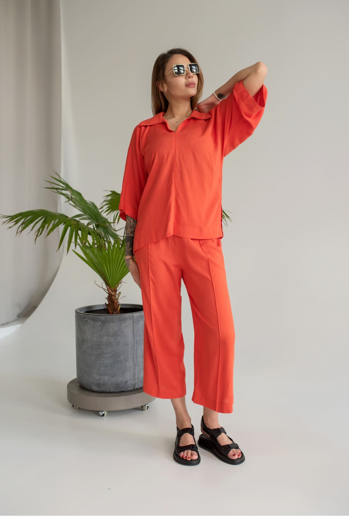 Терракотовый льняной костюм с кюлотами — 761683. Maritel Терракотовый льняной костюм с кюлотами — 761683. Maritel