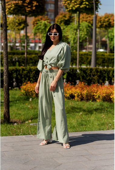 Оливковый костюм лен с широким рукавом. Maritel. Изображенние 12