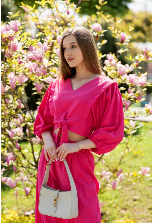 Малиновий костюм льон з широким рукавом — 800018. Maritel. Зображення 1 Малиновий костюм льон з широким рукавом — 800018. Maritel. Зображення 1