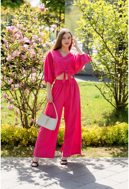 Малиновий костюм льон з широким рукавом — 800018. Maritel. Зображення 2 Малиновий костюм льон з широким рукавом — 800018. Maritel. Зображення 2