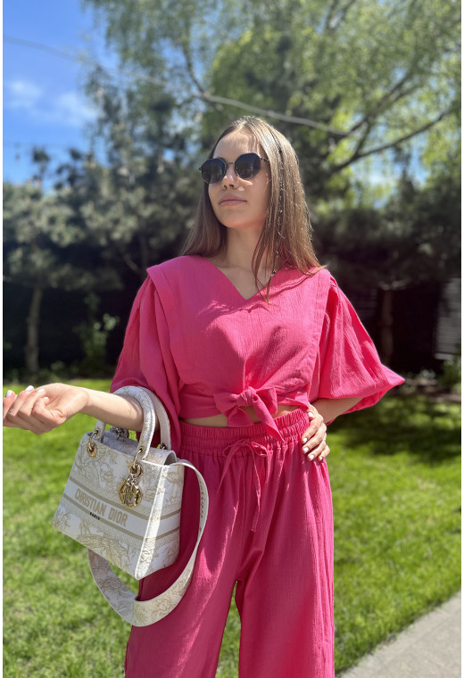 Малиновий костюм льон з широким рукавом — 800018. Maritel. Зображення 6 Малиновий костюм льон з широким рукавом — 800018. Maritel. Зображення 6