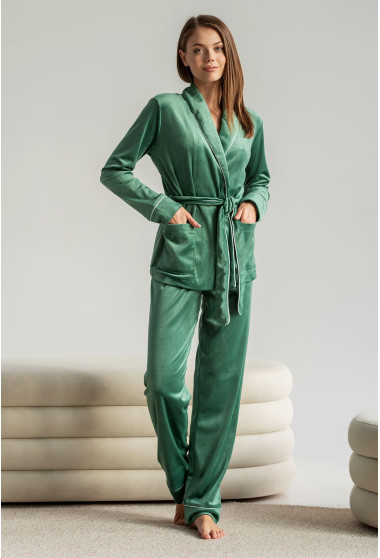 Оливковый велюровый костюм шаль с карманами. Maritel. Изображенние 2