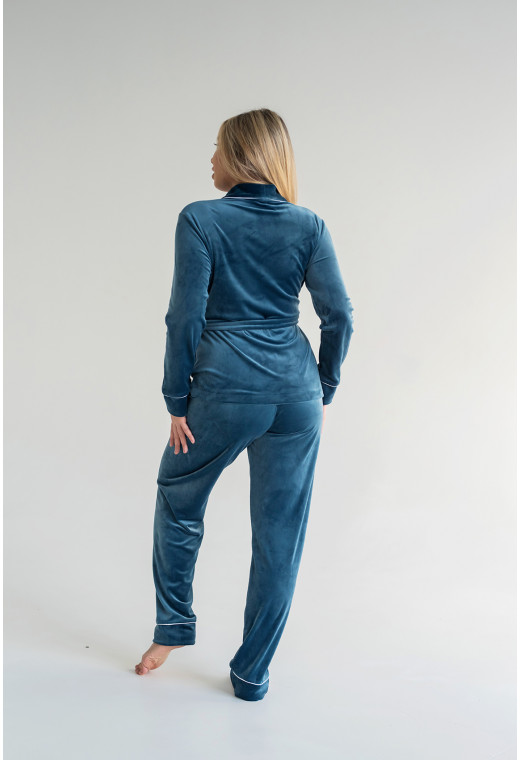 Велюровий костюм шаль з кишенями кольору морської хвилі — 220585. Maritel. Зображення 2 Велюровий костюм шаль з кишенями кольору морської хвилі — 220585. Maritel. Зображення 2