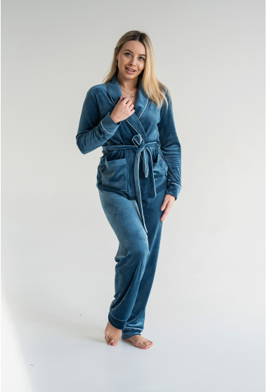 Велюровий костюм шаль з кишенями кольору морської хвилі. Maritel. Зображення 3