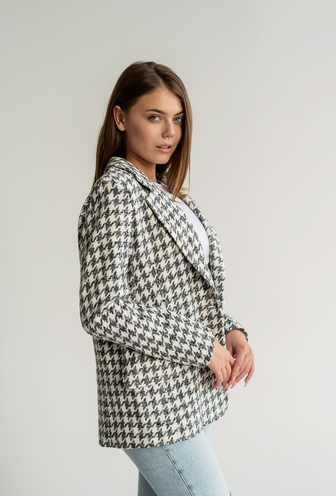 Черный твидовый пиджак в гусиную лапку —  467469. Maritel. Изображенние 1