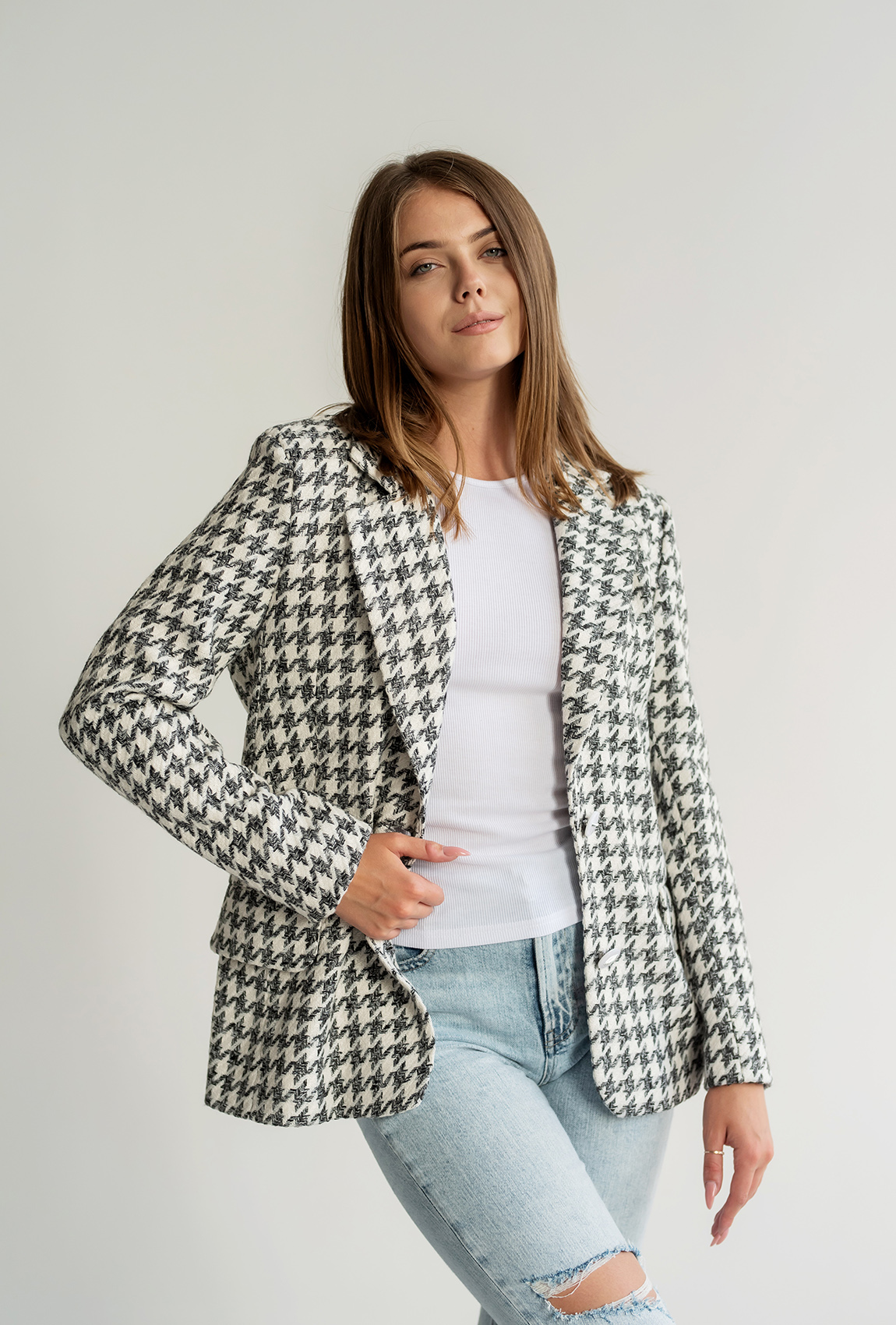 Черный твидовый пиджак в гусиную лапку —  467469. Maritel