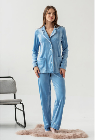 Блакитна велюрова піжама кант на ґудзиках. Maritel. Зображення 6