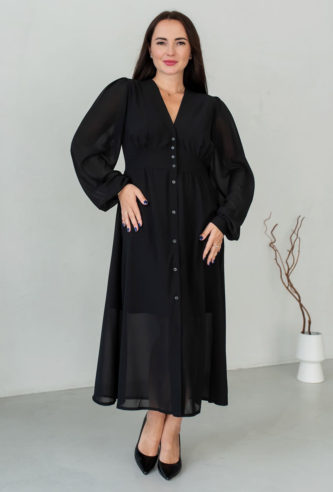 Черное платье шифон на пуговицах —  696028. Maritel. Изображенние 2